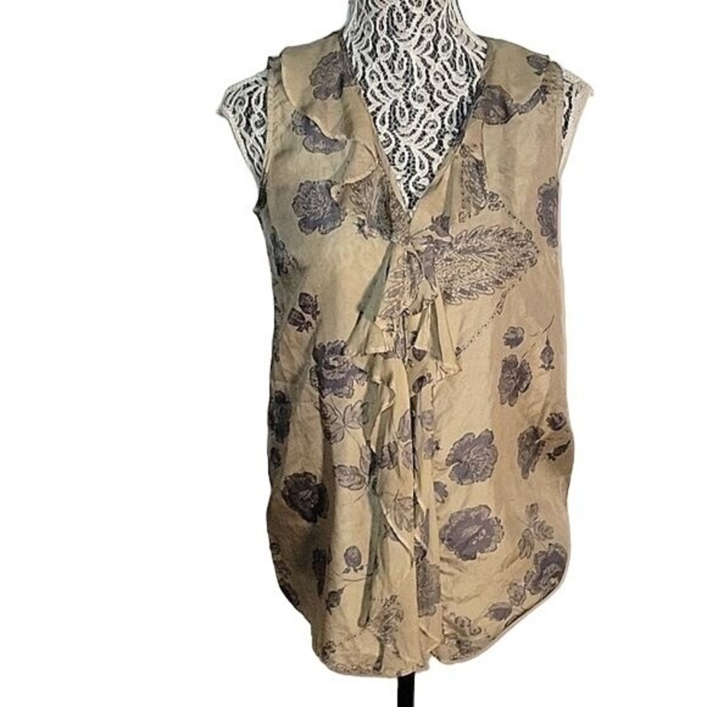 Cabi 149 Sleeveless 100% Silk Ruffle V-Neck Floral Blouse Tan Brown Small